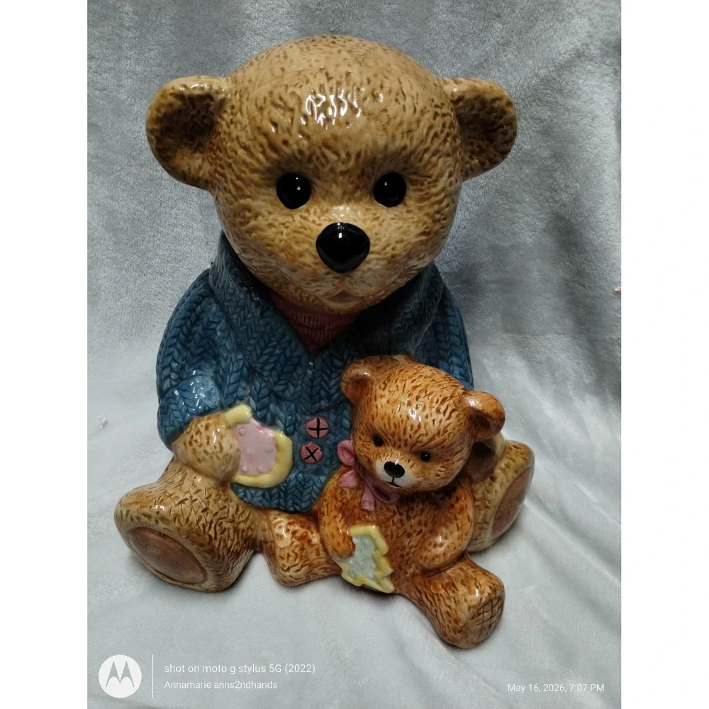 Cresco China‎ Teddy Bear Mother and Cub Ceramic Cookie Jar Blue Sweater